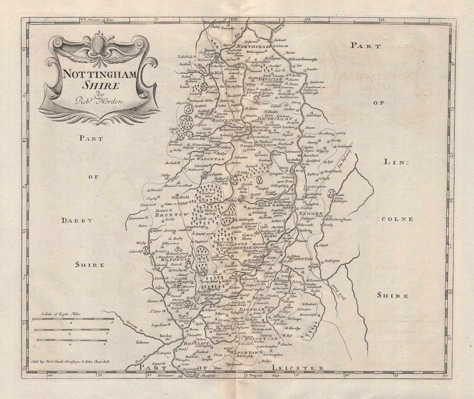 NOTTINGHAMSHIRE by ROBERT MORDEN from Camden's Britannia. Mansfield 1772 map